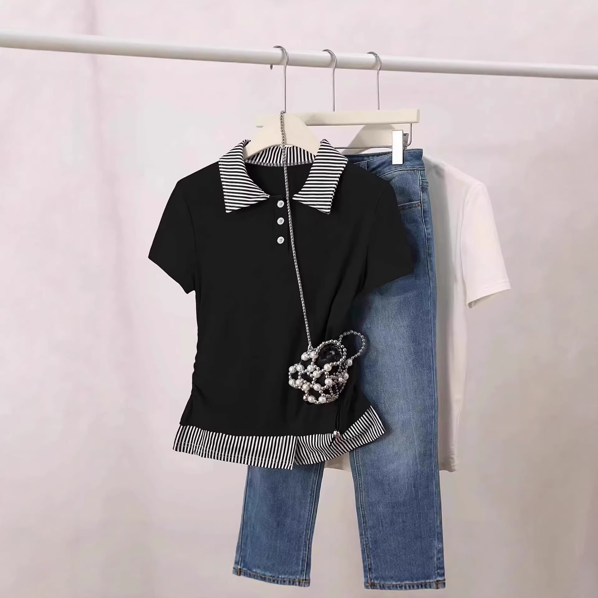 Fake Two-Piece Set Color-Block Patchwork Slimming Short-Sleeve Top