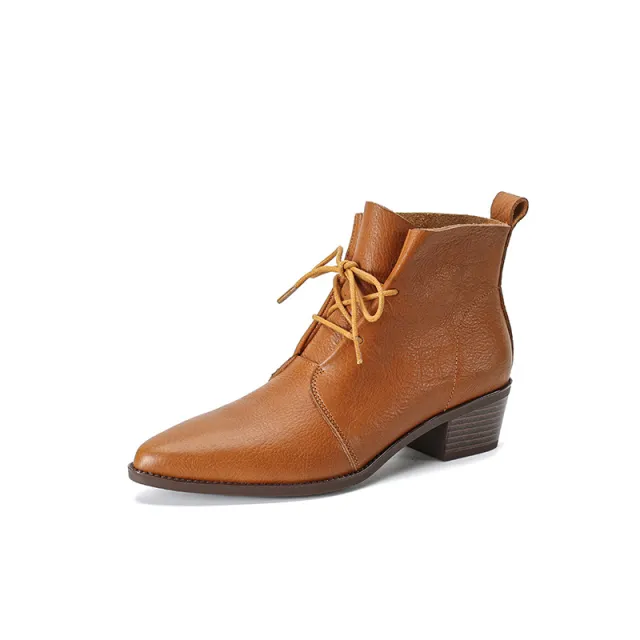 Pointed toe Lace Chunky Heel Mid Heel Cowhide Martin Boots Caramel Single Lining 38 - Shop at LoveMi