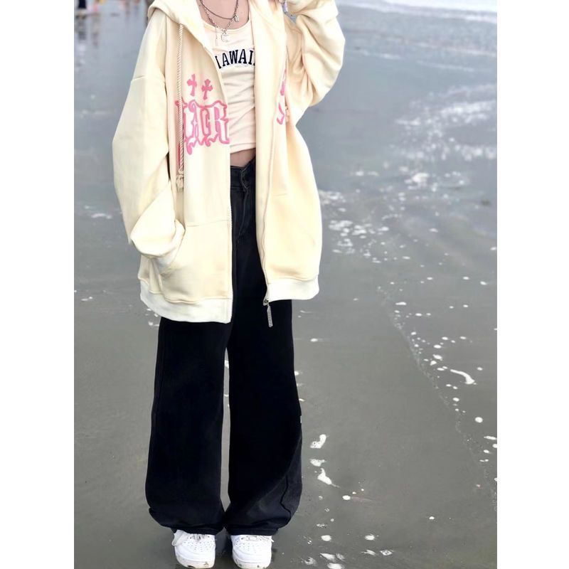 Apricot Sweater Letter Printed Cardigan Zipper Coat