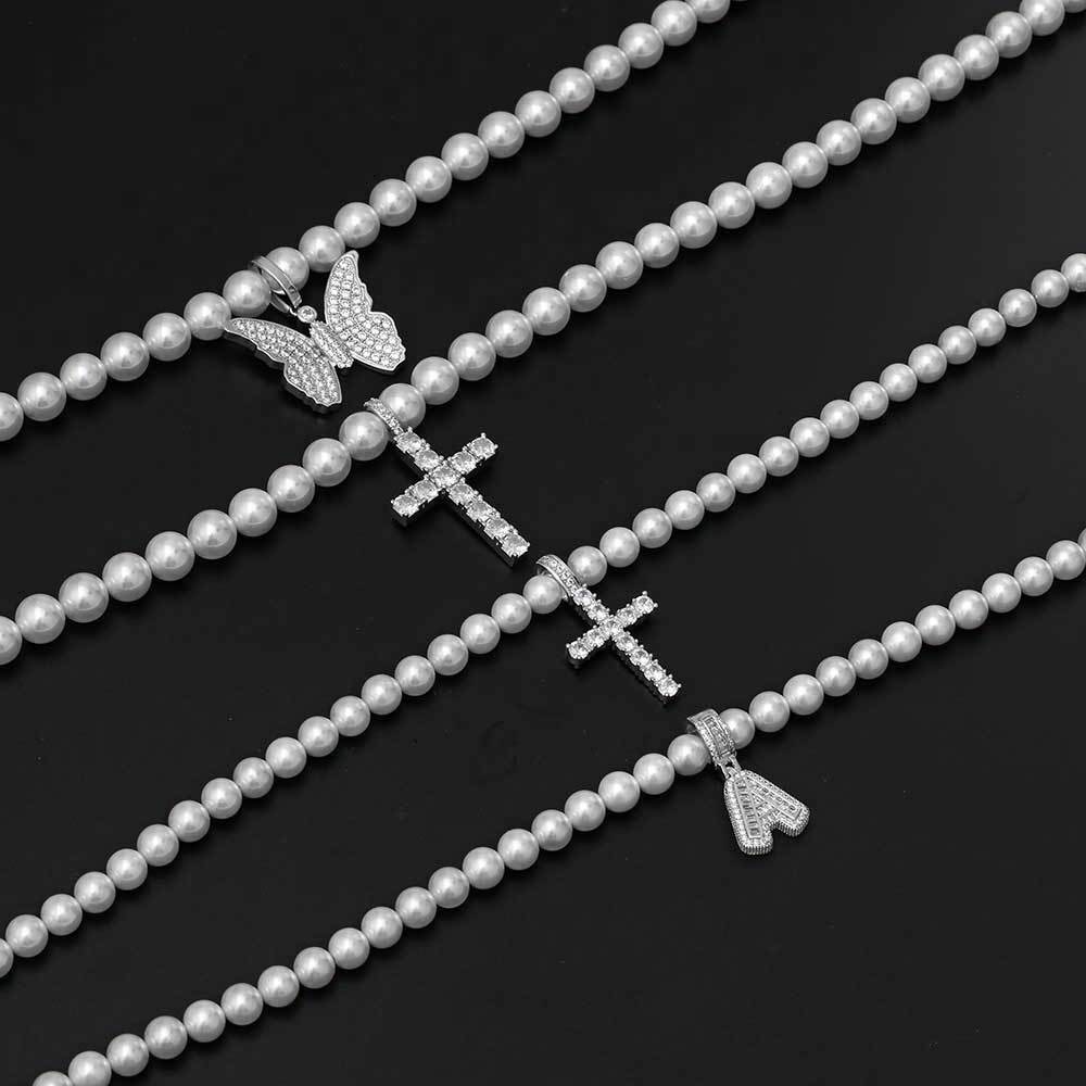 Pearl Necklace Simple Matching Cross Butterfly And Letters Pendant