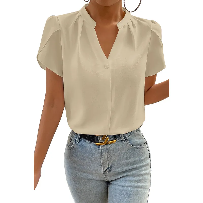 Solid Color Pullover V-neck Chiffon Shirt For Women - Lc25125099P15-M