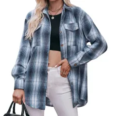 Women's Autumn Winter Coat Casual Fashion Loose Plaid Shirt - Blue - View 1