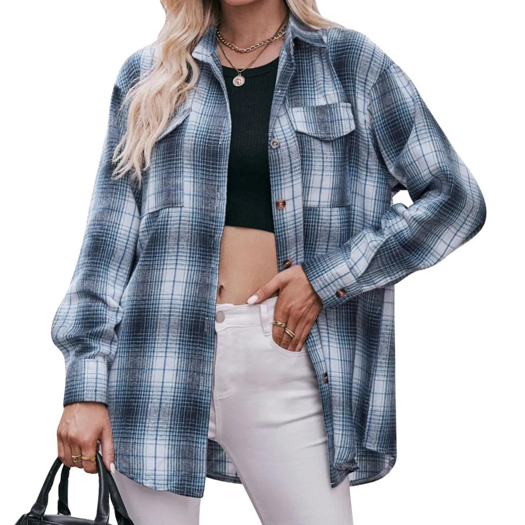 Women's Autumn Winter Coat Casual Fashion Loose Plaid Shirt - Blue