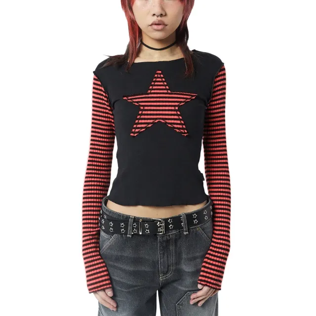 XINGX Women's Striped Long Sleeve Striped Patchwork Top Red - Shop at LoveMi