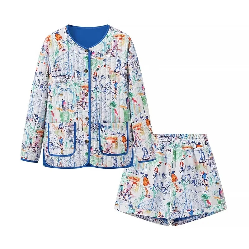 Graffiti Printing Cotton-padded Clothes Shorts Suit