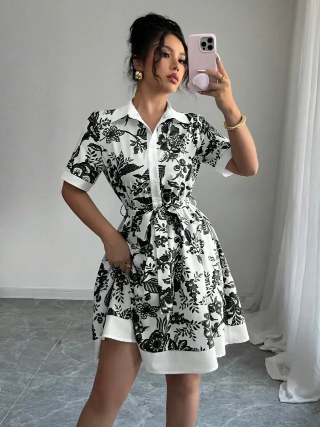 Simplicity Waist controlled Printed Lace Up Short Sleeve Dress Black - Shop at LoveMi