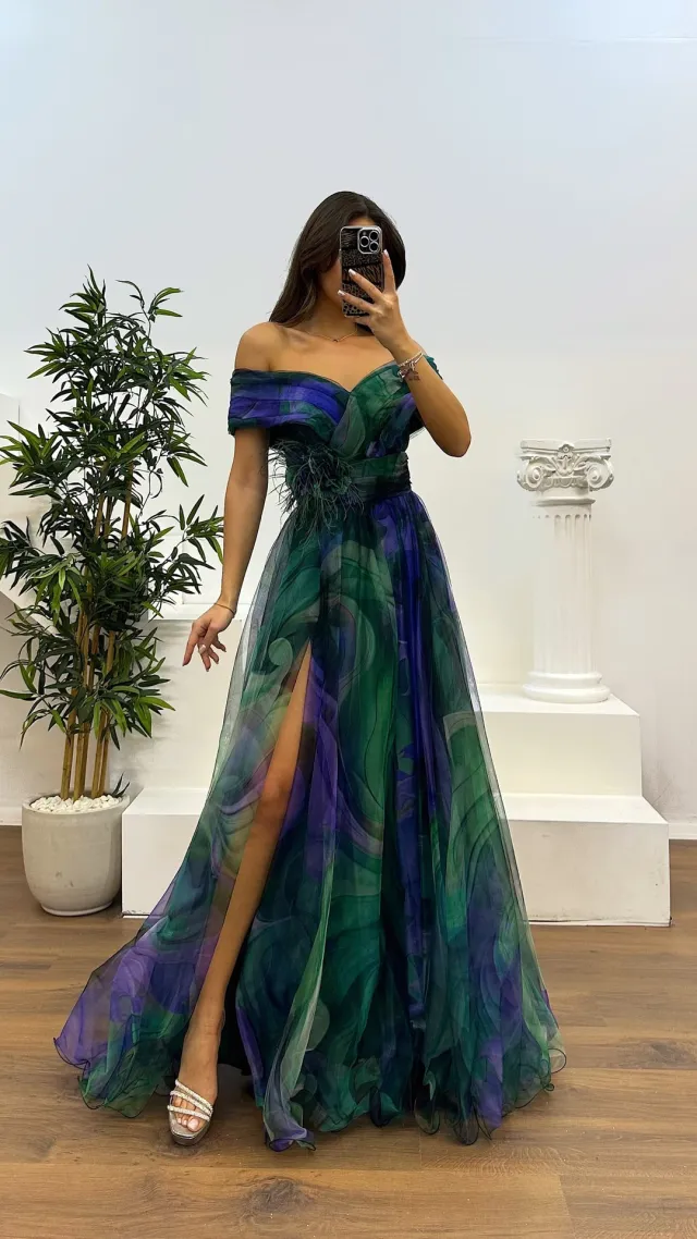 Voile Printed Party Dress INS Casual Fashion Dark Green Dark Green Feather - Shop at LoveMi