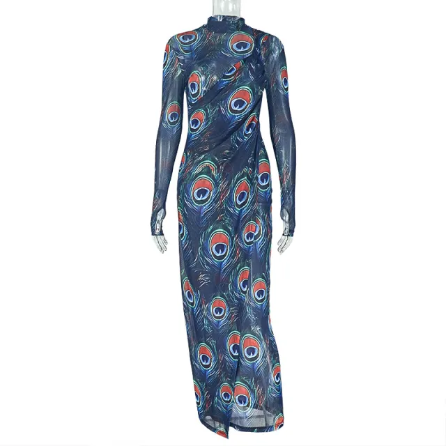 Micro transparent High neck Long sleeve Slim Dress Blue - Shop at LoveMi