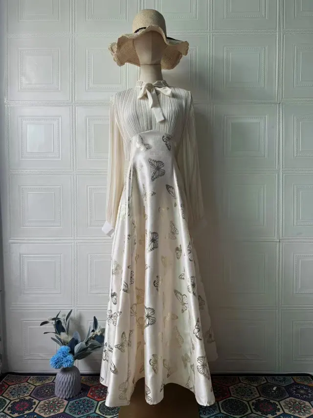 Elegant Long Sleeve Butterfly Bronzing Dress Milky White - Shop at LoveMi