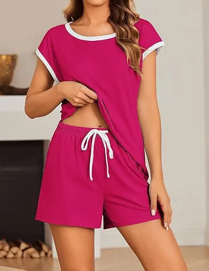 Short Sleeve Color-block Crew Neck Top Waist Drawstring Suit - Rose