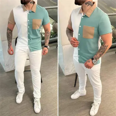 Color Matching Men's Shirt Short-sleeved Trousers Trendy Casual Sports