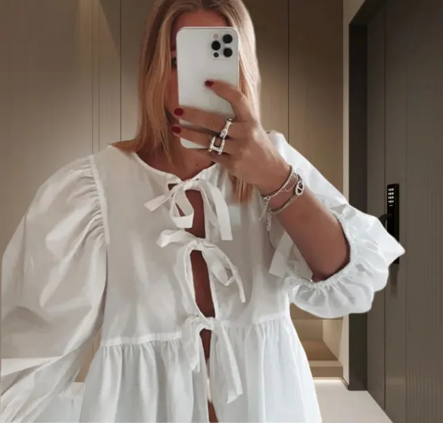 Lace up Round Neck Puff Sleeve All matching Shirt White - Shop at LoveMi