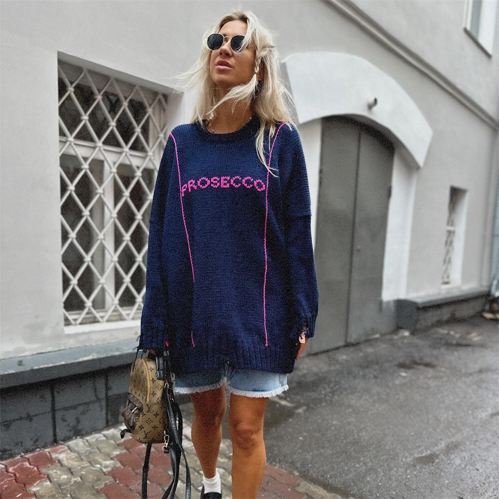 Women's Round Neck Knitted Autumn And Winter Letter Embroidery Contrast Color Design Sweater