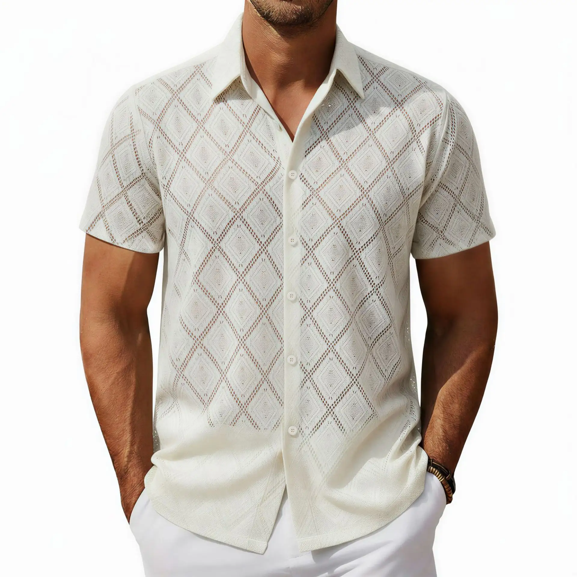Mens Hollowed-Out Short-Sleeve Casual Shirt