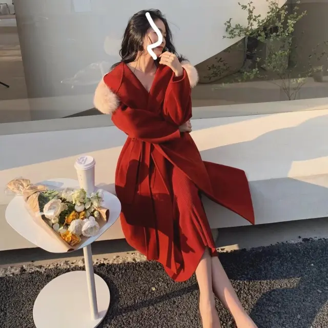 Atmosphere Double faced Woolen Goods Big Fur Collar Coat Red - Shop at LoveMi