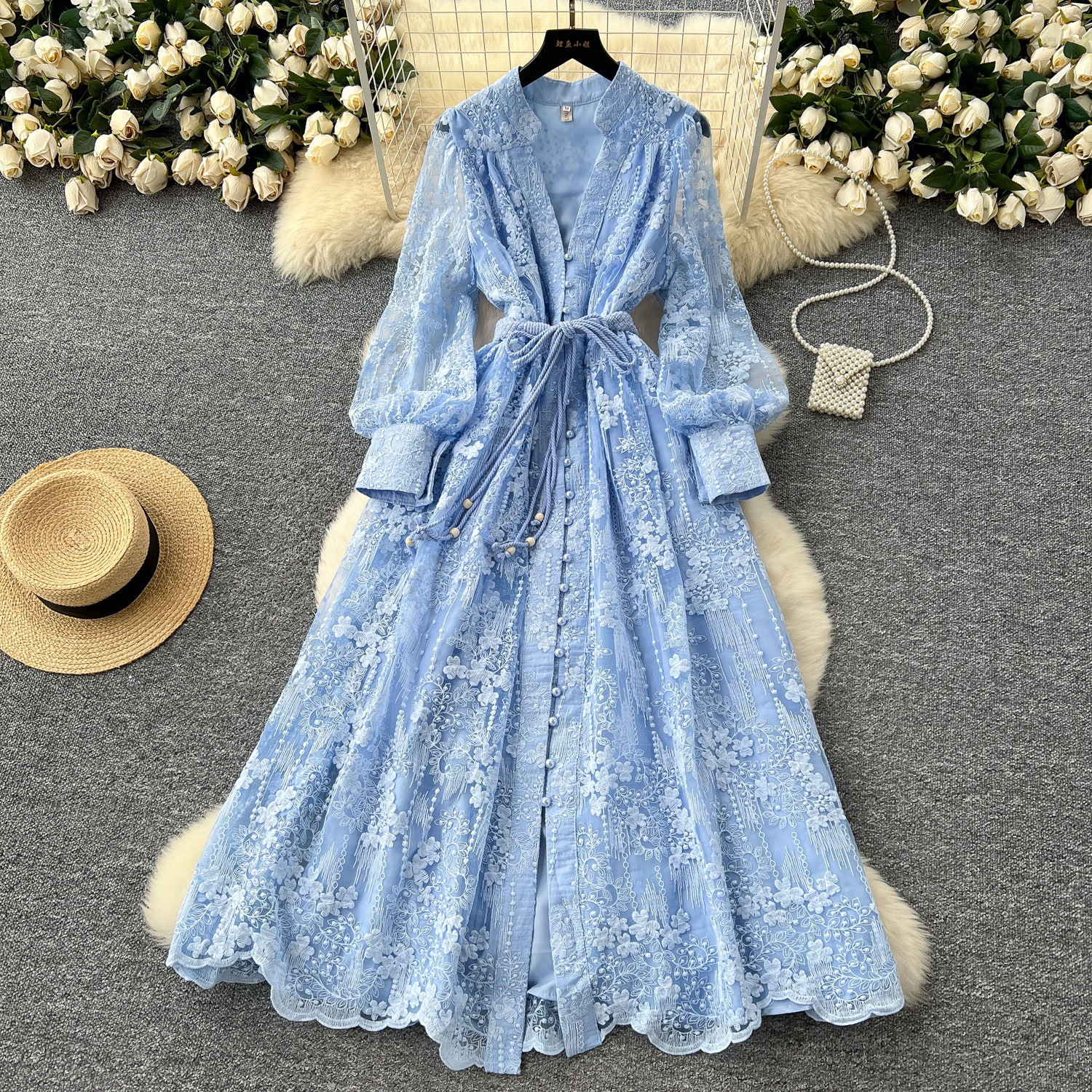 Women's Waist-Cinching Embroidered V-Neck Dress With Puff Sleeves — image 1
