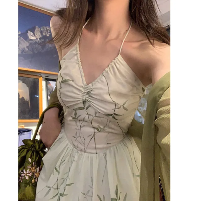 New Halter Spaghetti Straps Temperament Printed Long Dress Suspender Skirt Regular - Shop at LoveMi