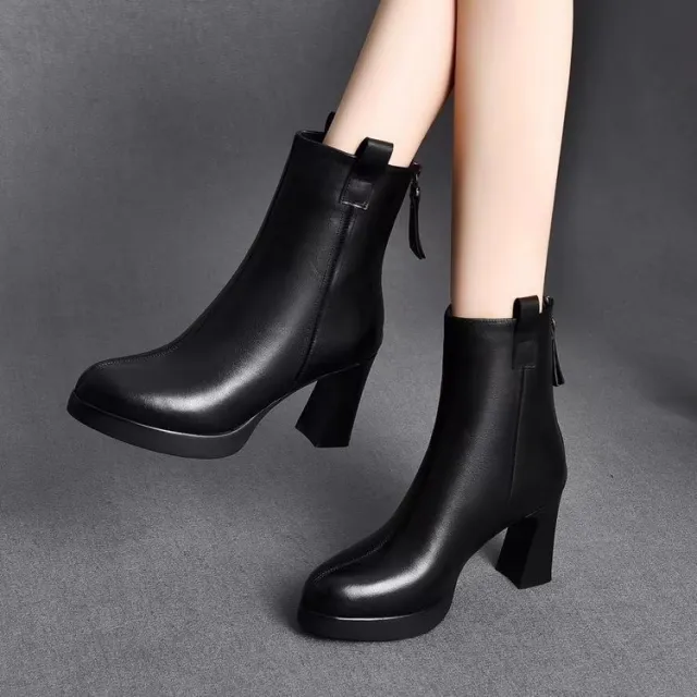 Soft Leather High Heel Boots Female Plus Velvet Genuine Leather Black - Shop at LoveMi