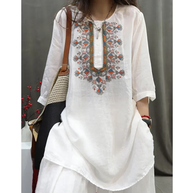Retro Ramie Machine Embroidery Top Loose White - Shop at LoveMi