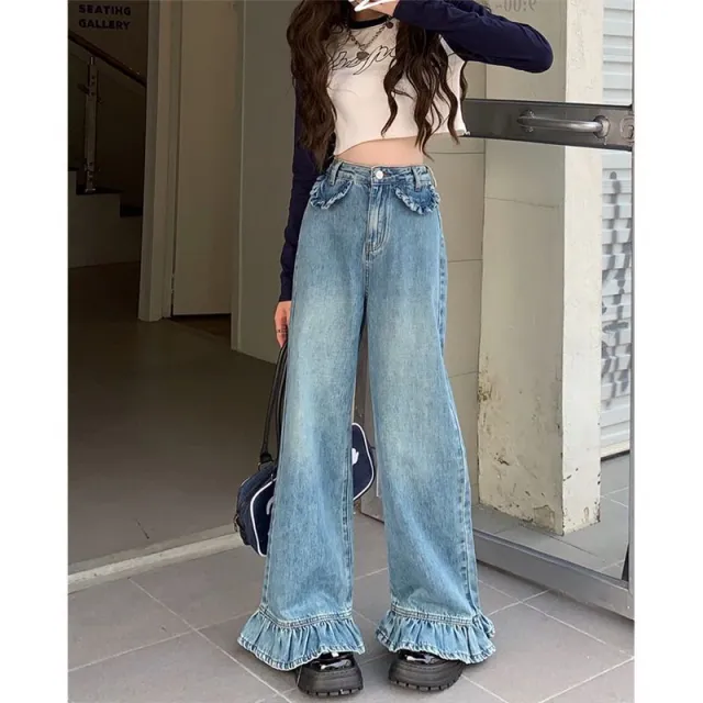Bootleg Pants High Waist Jeans Women's Retro Loose Wide Leg Blue - Shop at LoveMi