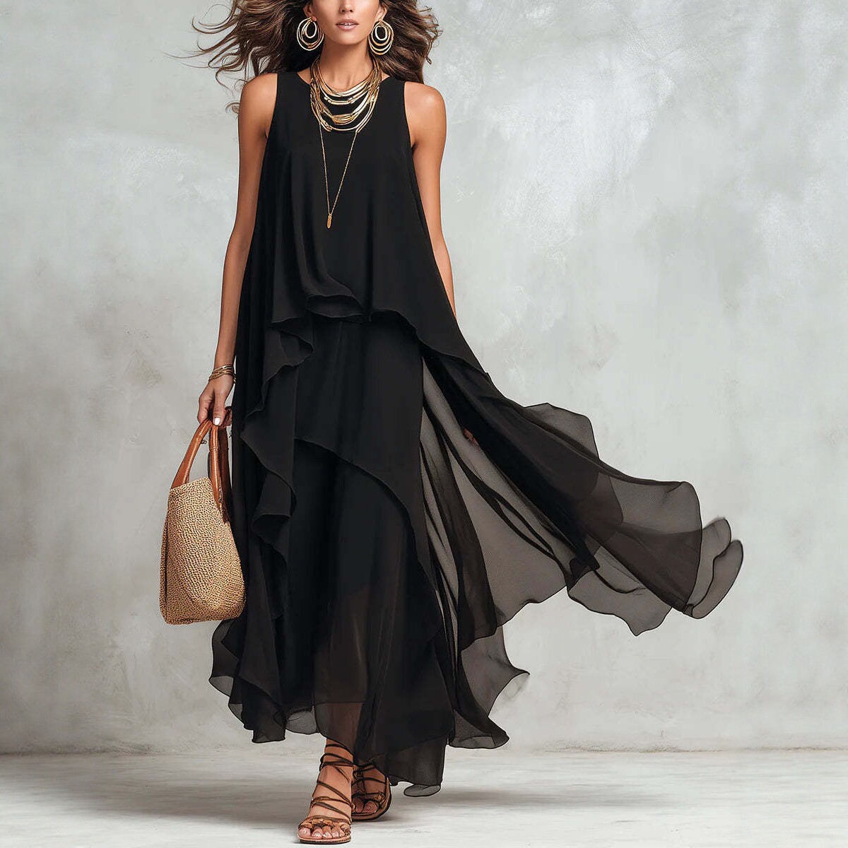 Black Sleeveless Asymmetrical Chiffon Maxi Elegant Flowing Womens Dress