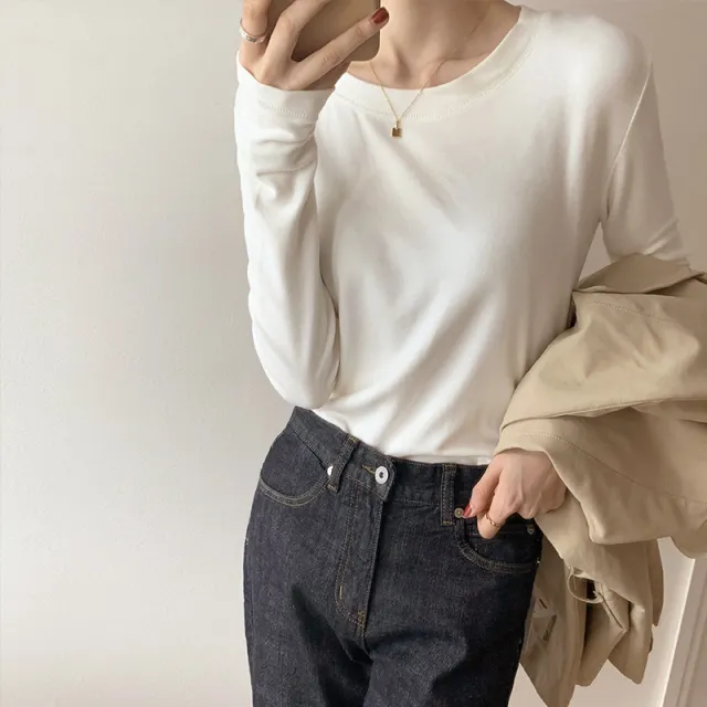 Women's Fashion Casual Bottoming Round Neck Long Sleeve T shirt Top White - Shop at LoveMi