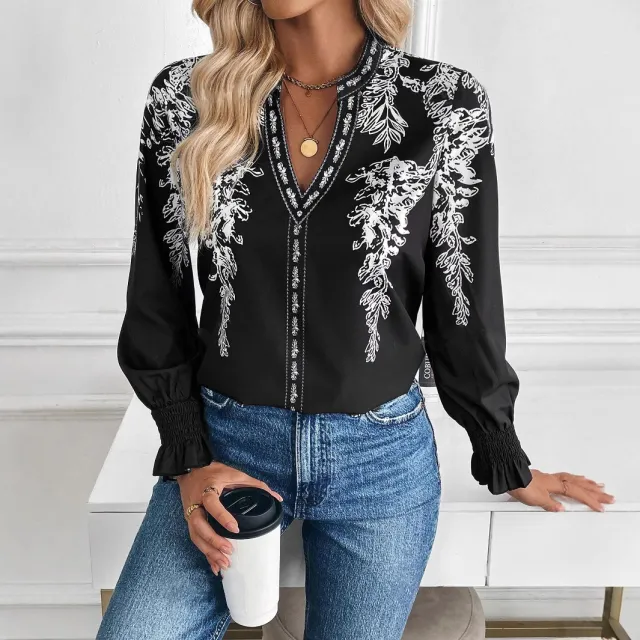 Womens Casual Long sleeve V neck Blouse Black - Shop at LoveMi