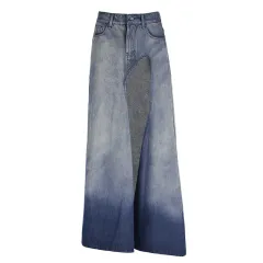 Irregular Slit A- Line Denim Skirt - Blue - View 1