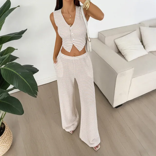 Casual Vacation Style Button Vest Trousers Two piece Suit Women's Clothing Apricot - Shop at LoveMi