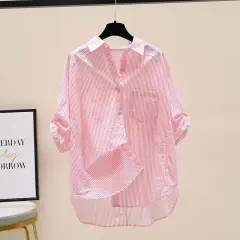 Pure Cotton Pink Striped Shirt Women's Artistic Fresh Batwing Sleeve Single Pocket Top - Pink Stripes - View 1