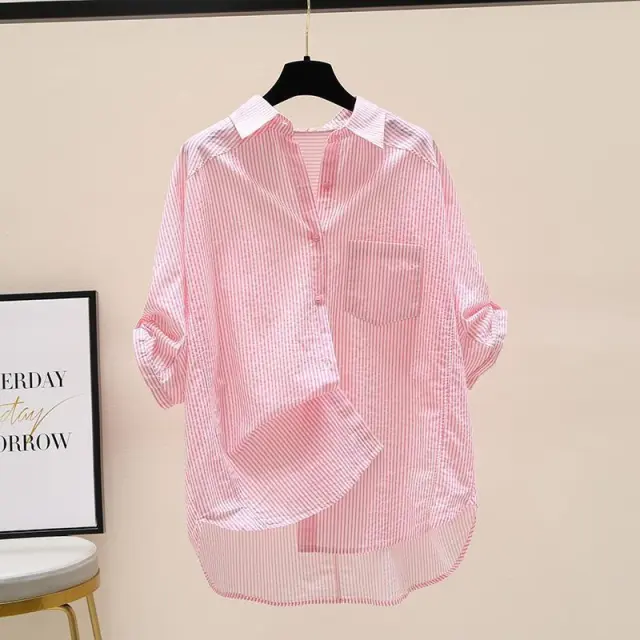Pure Cotton Pink Striped Shirt Women's Artistic Fresh Batwing Sleeve Single Pocket Top Pink Stripes - Shop at LoveMi