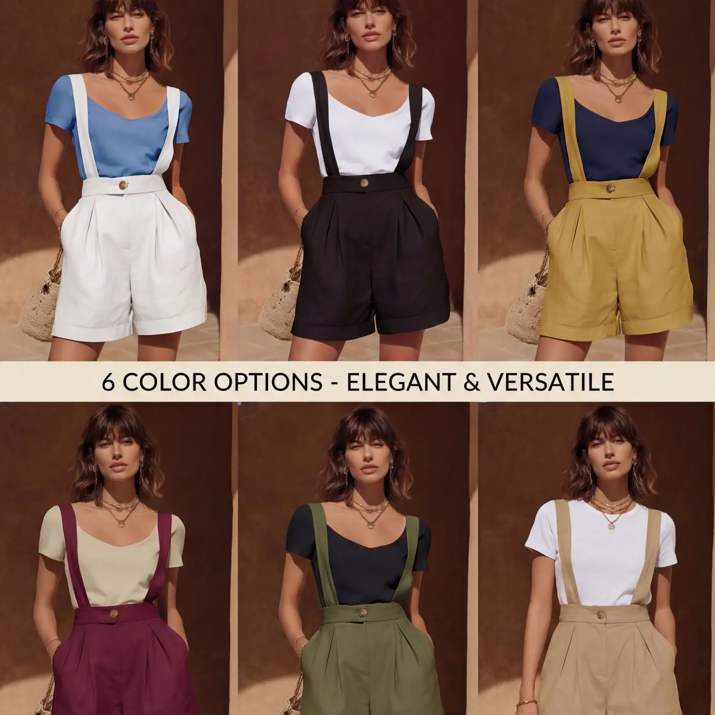 Womens Solid-Color Bohemian-Style Chic Suspender Shorts For Vacation