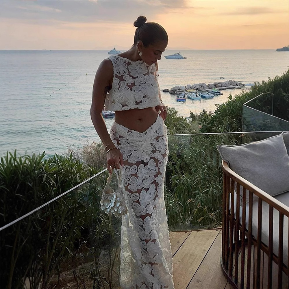 Handmade Texture Cut Flower Round Neck Collar Top Dress Set White - Shop at LoveMi