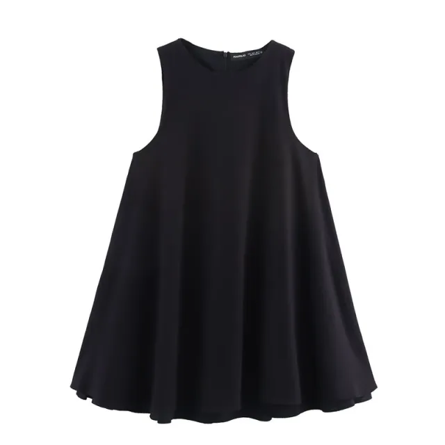 Fashionable Temperament Wide Swing Round Neck Sleeveless Short Version Dress Black - Shop at LoveMi