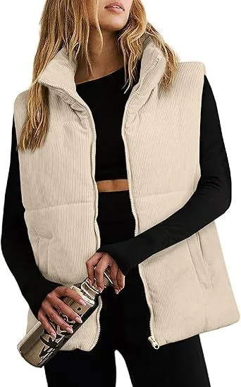 Women's Fashion Leisure Corduroy Plaid Zipper Cotton Vest Beige - Shop at LoveMi