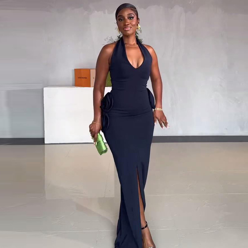 Sleeveless 3D Floral Dress Women African Stylish Dark Blue - Shop at LoveMi