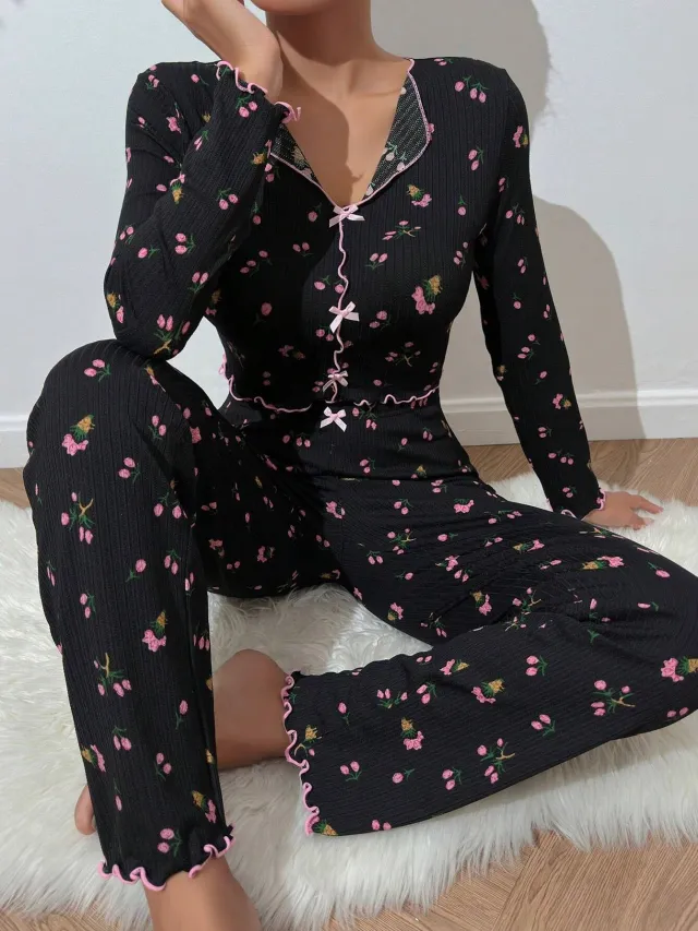 Home Wear Casual Printed Trousers Long Sleeve European And American Suitable For Daily Wear Two piece Set Black Floral - Shop at LoveMi