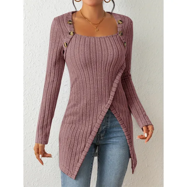 Woman Square neck Off shoulder Slit Sweater Lotus Root L - Shop at LoveMi