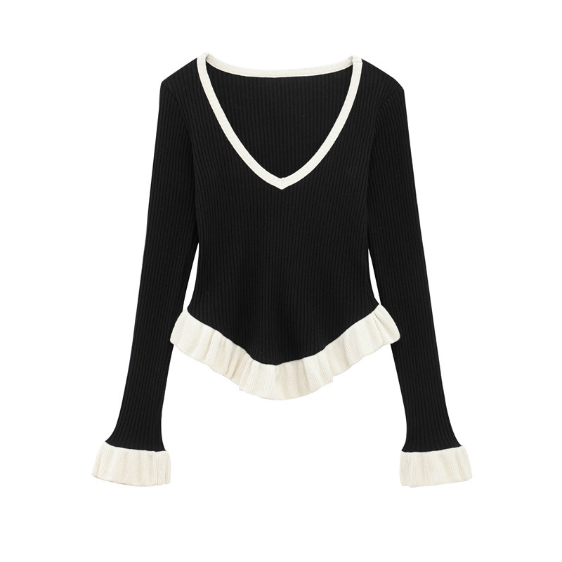 Fashion European And American Style Laminated Decoration V-neck Long-sleeve Knitwear