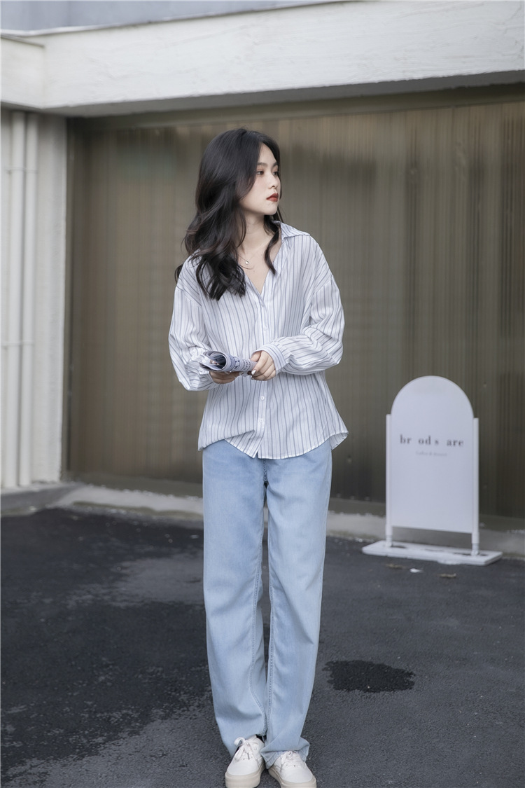 Title 1, Striped Lazy Style Shirt Lapel Is Thin And Long...