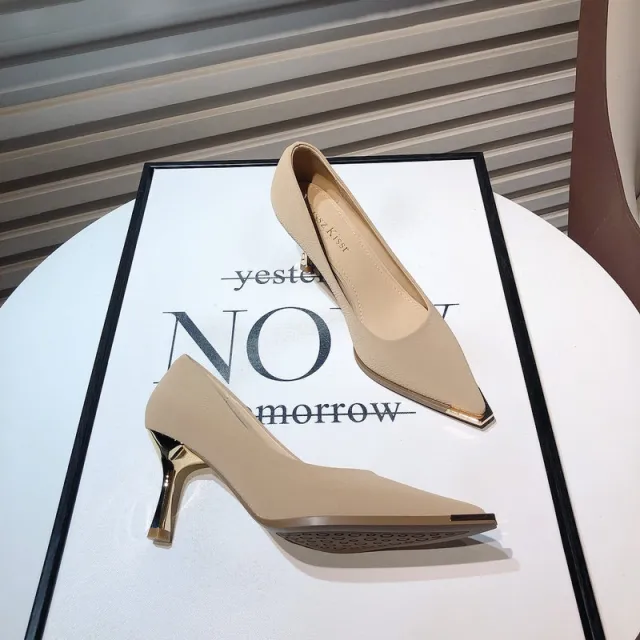 French High Heels Women's Spring New Fashion Metal Pointed Low cut Stiletto Heel Khaki - Shop at LoveMi