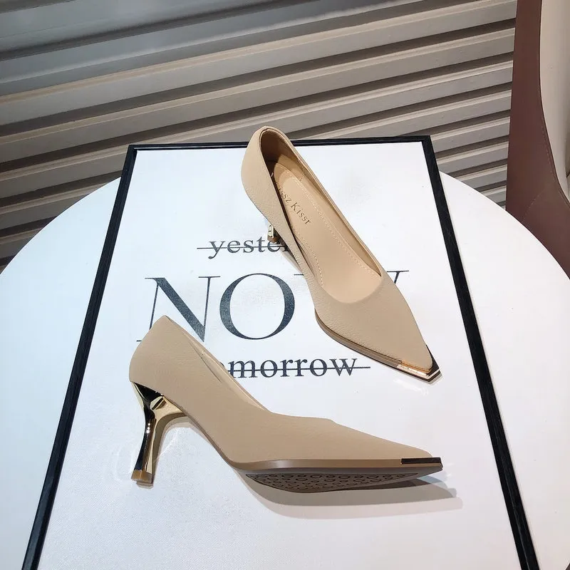 French High Heels Women's Spring New Fashion Metal Pointed Low-cut Stiletto Heel - Khaki