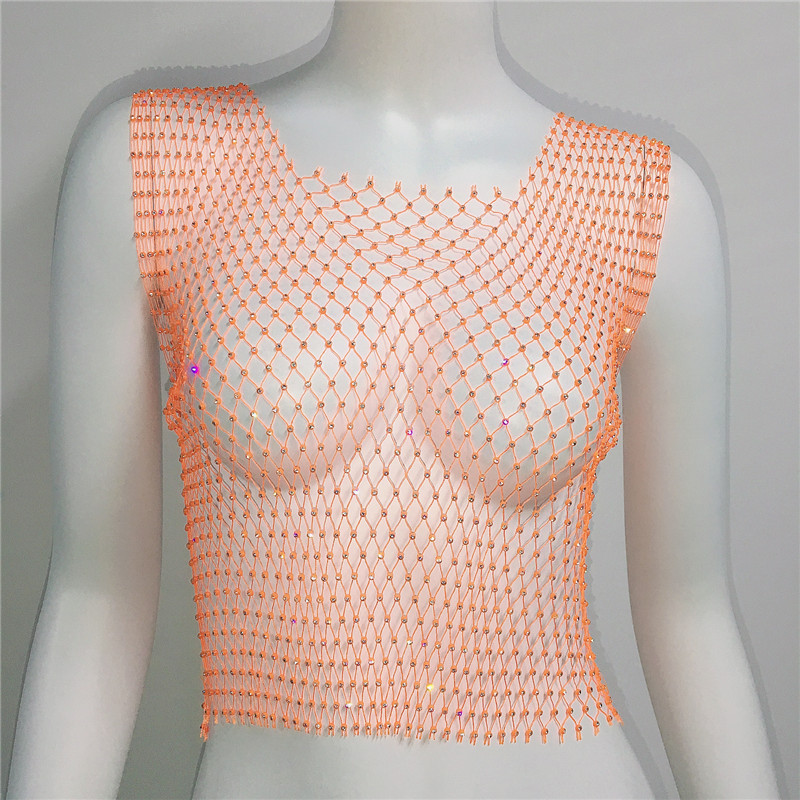 Rhinestone Mesh Sleeveless Square Neck T-shirt Rhinestone Fishnet Top