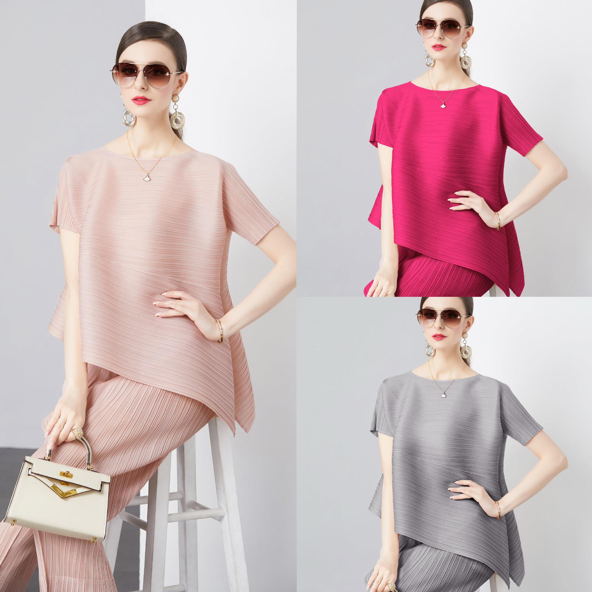 Pleated Design Stitching Irregular Short Sleeve