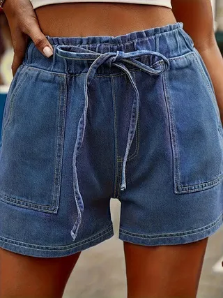 Women's Plus Size Summer Jeans Elastic Waist Tie Solid Color Blue - Shop at LoveMi