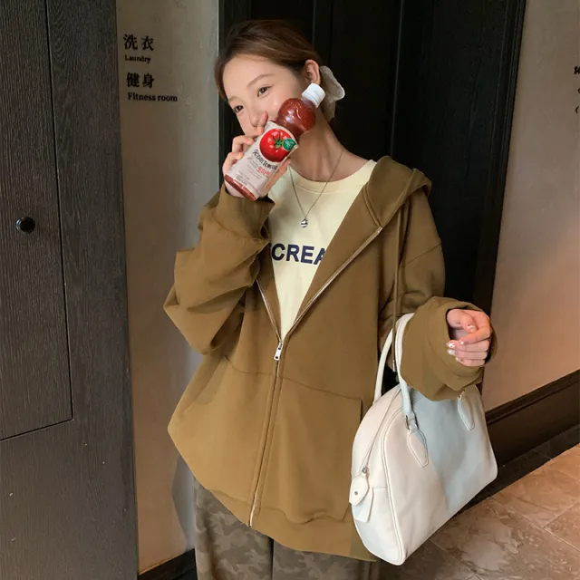 Solid Color Zipper Sweater Coat Women's Autumn Korean Style Hooded Walnut Color - Shop at LoveMi