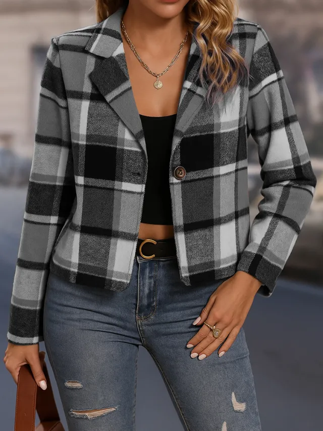 Fallwinter Jacket Casual Women's Plaid Short Small Suit Gray - Shop at LoveMi
