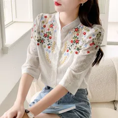 Women's Shirt Vintage Embroidered Jacquard Shirt Fresh Romantic Gentle Stand-up - Tan - View 1