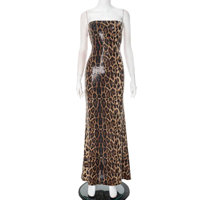 European And American Contrast Color Leopard Print Sexy Tube Top Dress Women Brown - Shop at LoveMi