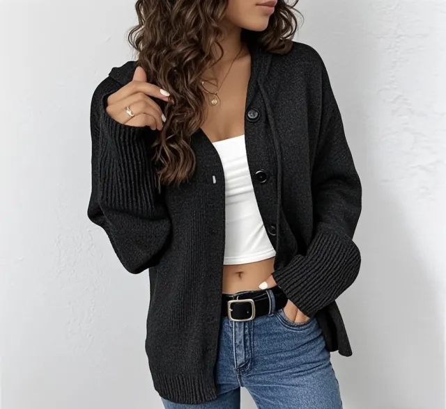 Women's Drawstring Knitted Solid Color Hooded Single breasted Sweater Black - Shop at LoveMi